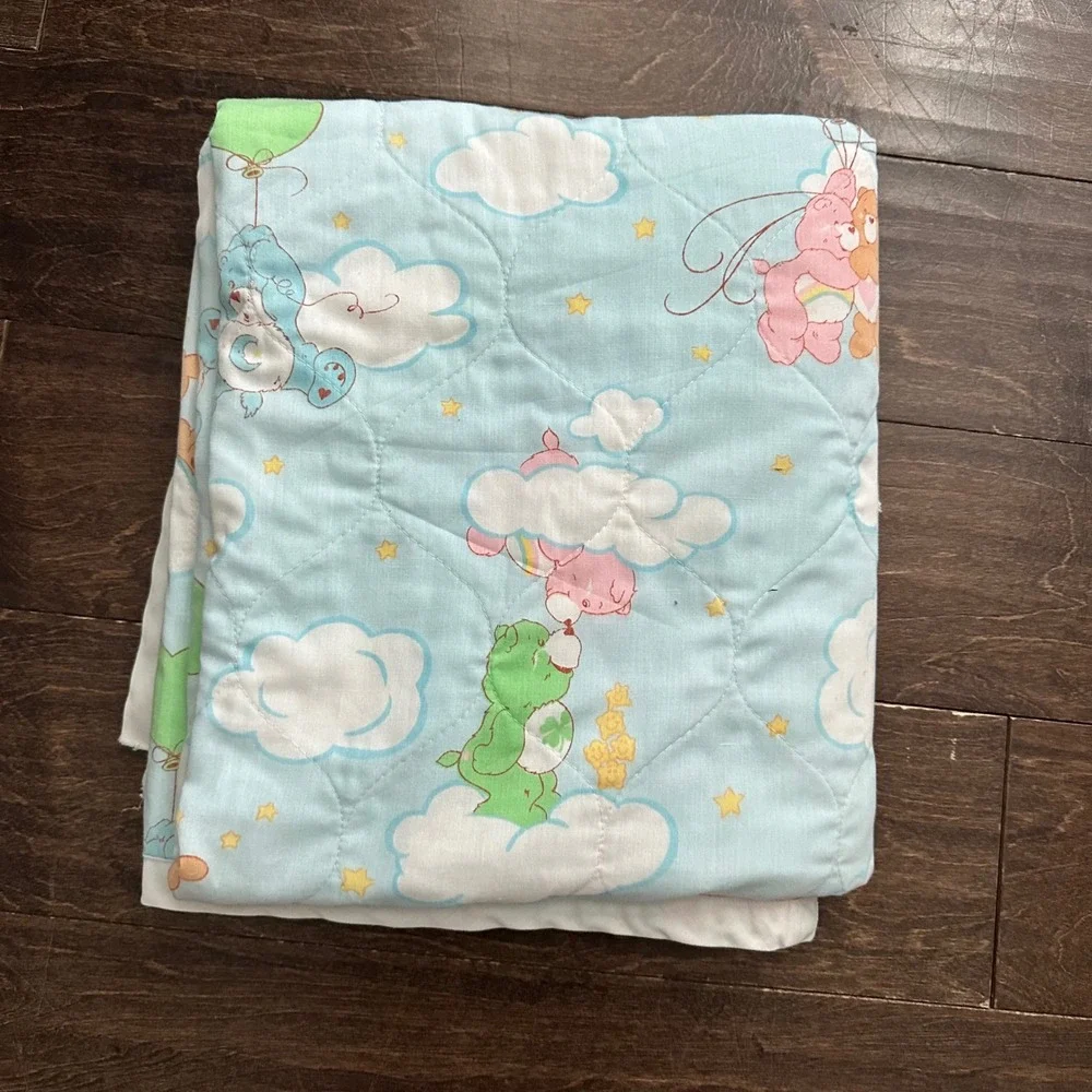 Vintage Care Bears Quilted Baby Blanket Blue Cloud Print 48x44 80s‎ Nostalgia